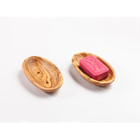 Seifenablage aus Olivenholz, oval, gelocht, ca. 13 × 8 cm