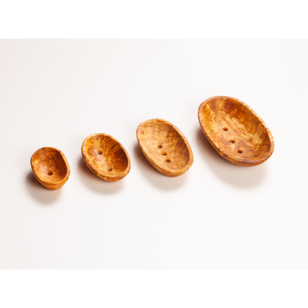Seifenablage aus Olivenholz, oval, groß, gebohrt, ca. 16 × 9 cm